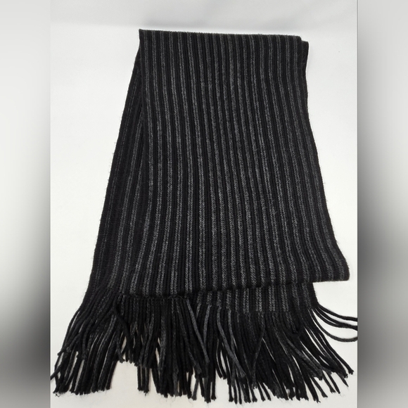 MICHAEL KORS LONG BLACK & GREY STRIPE SCARF FRINGE ENDS UNISEX OS WINTER COSY - Picture 6 of 12